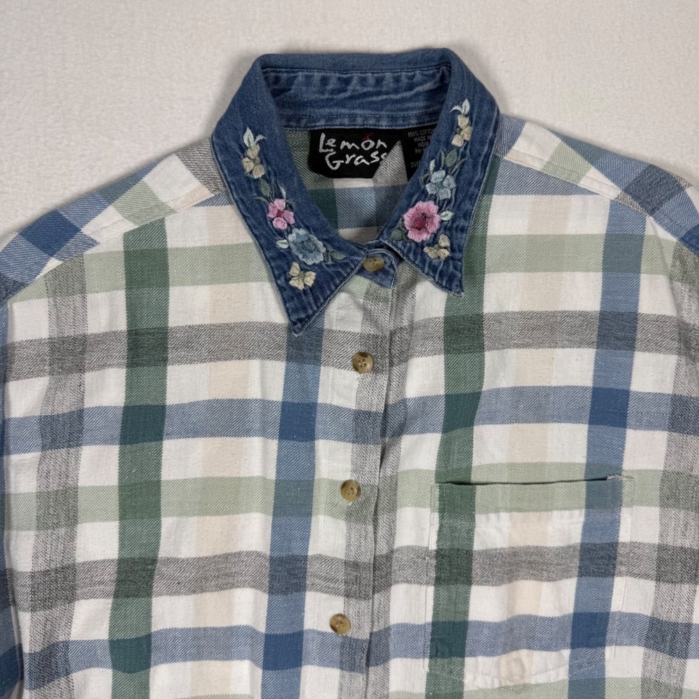 embroidered vintage Button Down Floral Denim MED Lemon Grass Women Plaid 90s - Picture 1 of 8